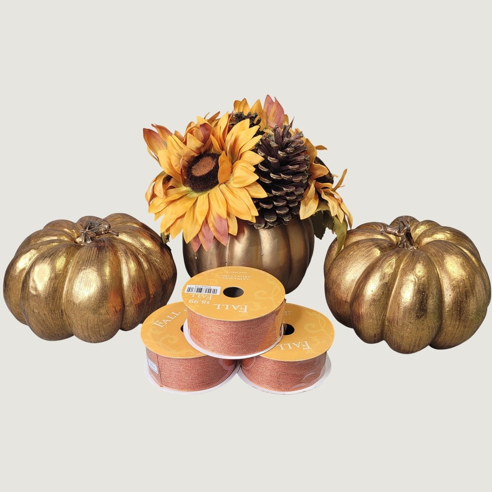 Fall Decor Bundle Gold Pumpkins Sunflower Centerpiece Copper Metallic Ribbon 6pc